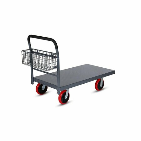 5SECONDS BRAND Diamond Textured Platform Truck, 8'' Swivel Wheels, 3000 lbs Cap., 48 x 24 x 29, Gray W/basket 555018